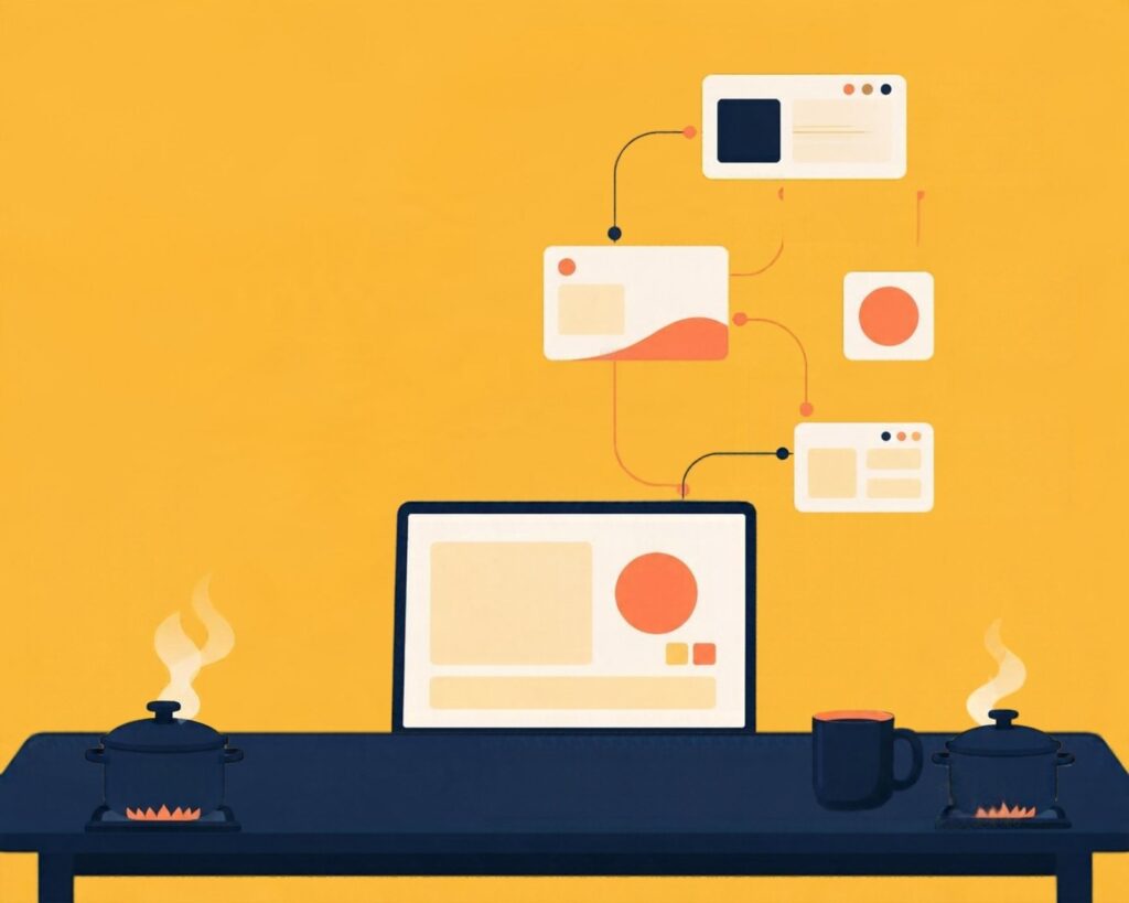 Illustratie van een bureau met laptop, AI-taakvensters en pannen op het vuur